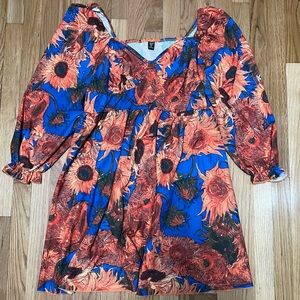 Puff long sleeve sunflower print dress